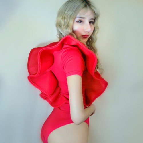 Red ruffles front sexy fashion girl's female women's singers solo jazz performance film cosplay dancing outfits jumpsuits